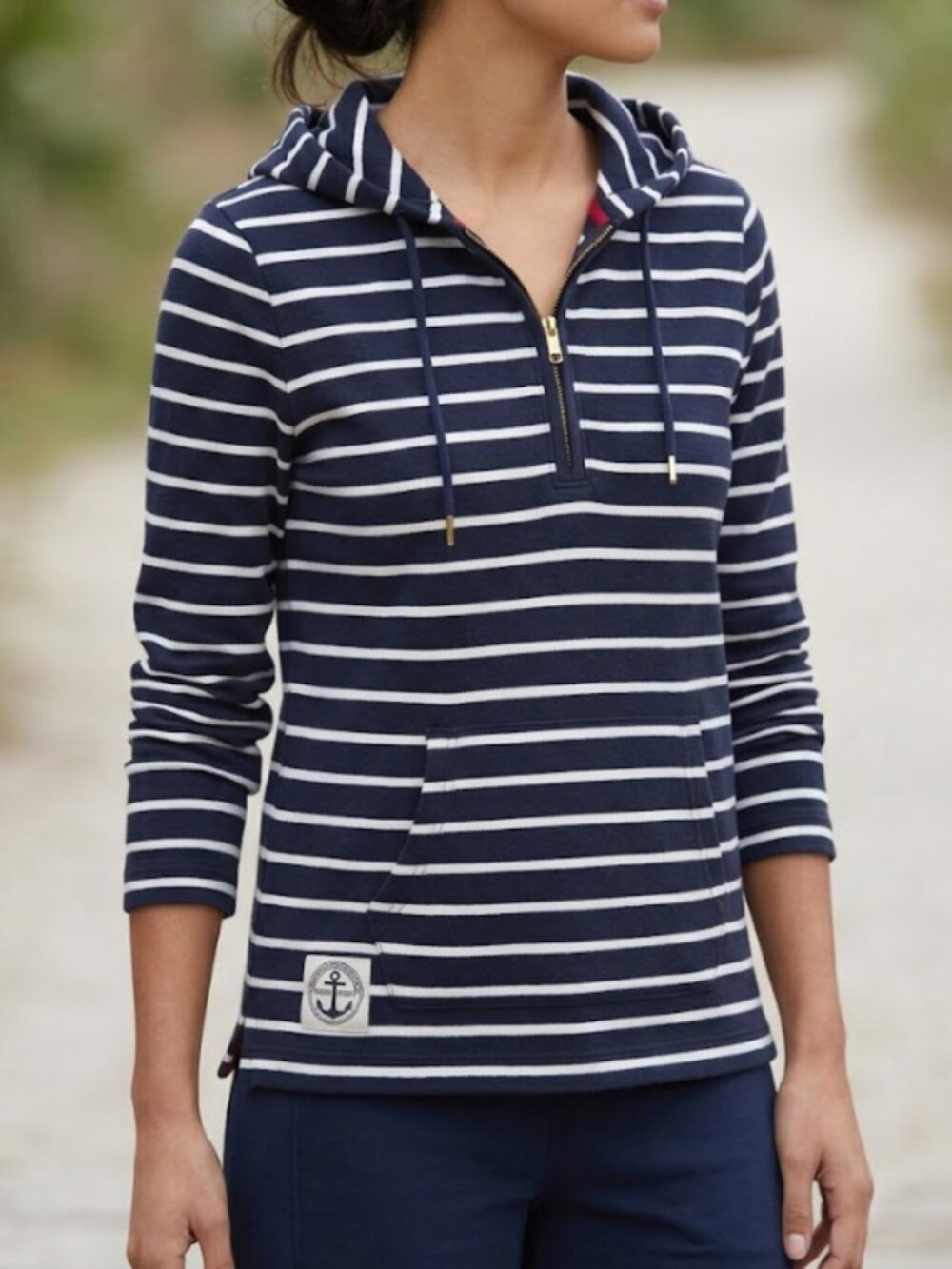 Lauren Ralph Lauren Striped Navy Blue 100% Cotton Pullover Hoodie Womens Medium